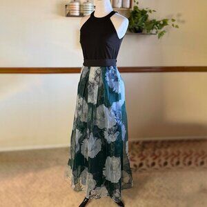 Black Halter-Style Dress with Green Floral Chiffon Maxi Skirt